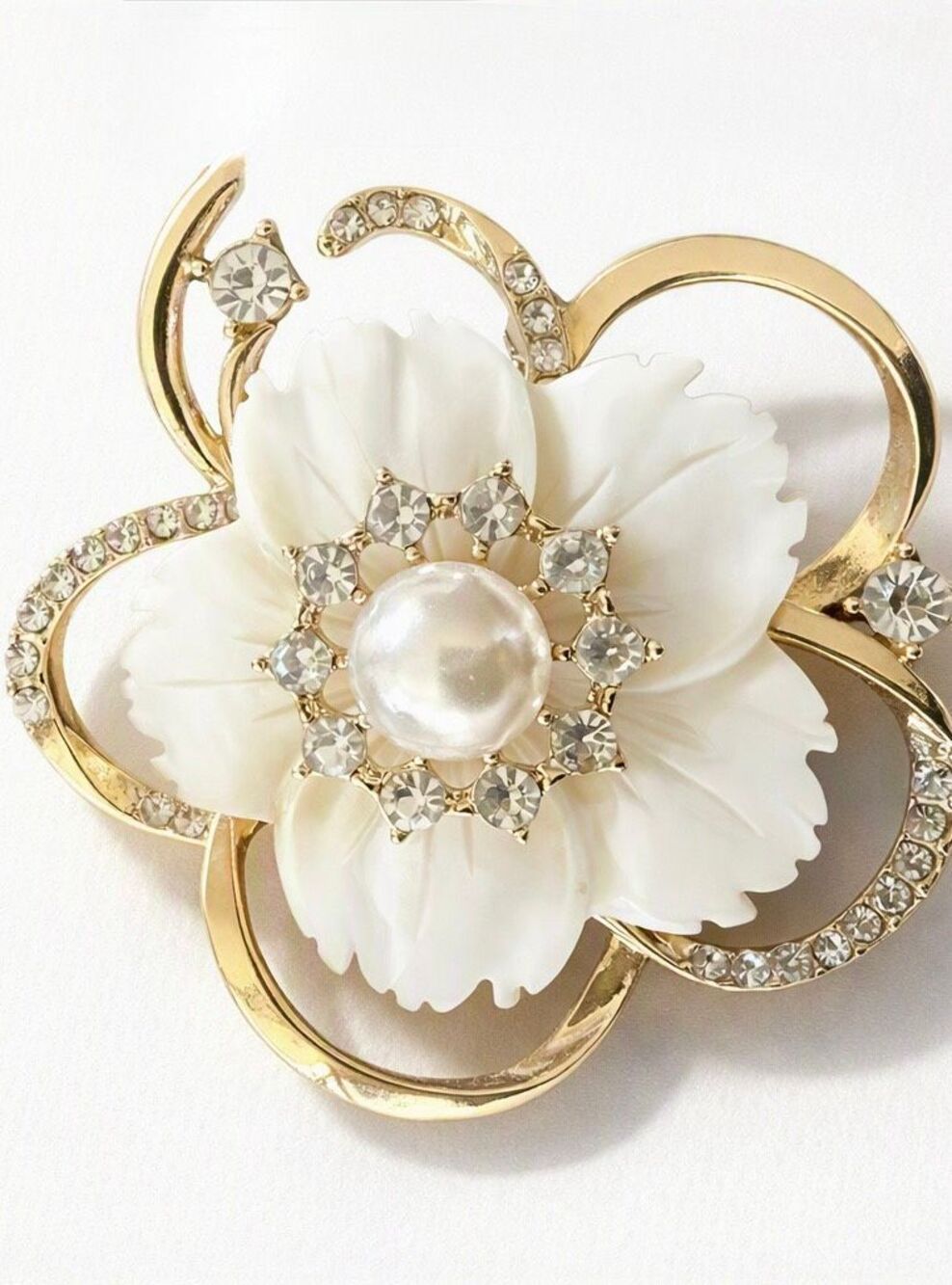 Anne Klein Gold Floral Pearl Brooch Elegant Cream Flower with Crystal Accents